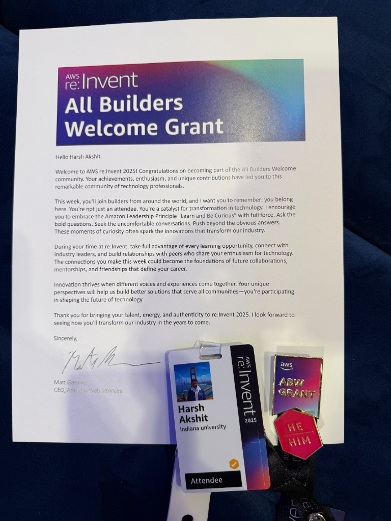 Harsh Akshit AWS re:Invent All Builders Welcome Grant letter and badge